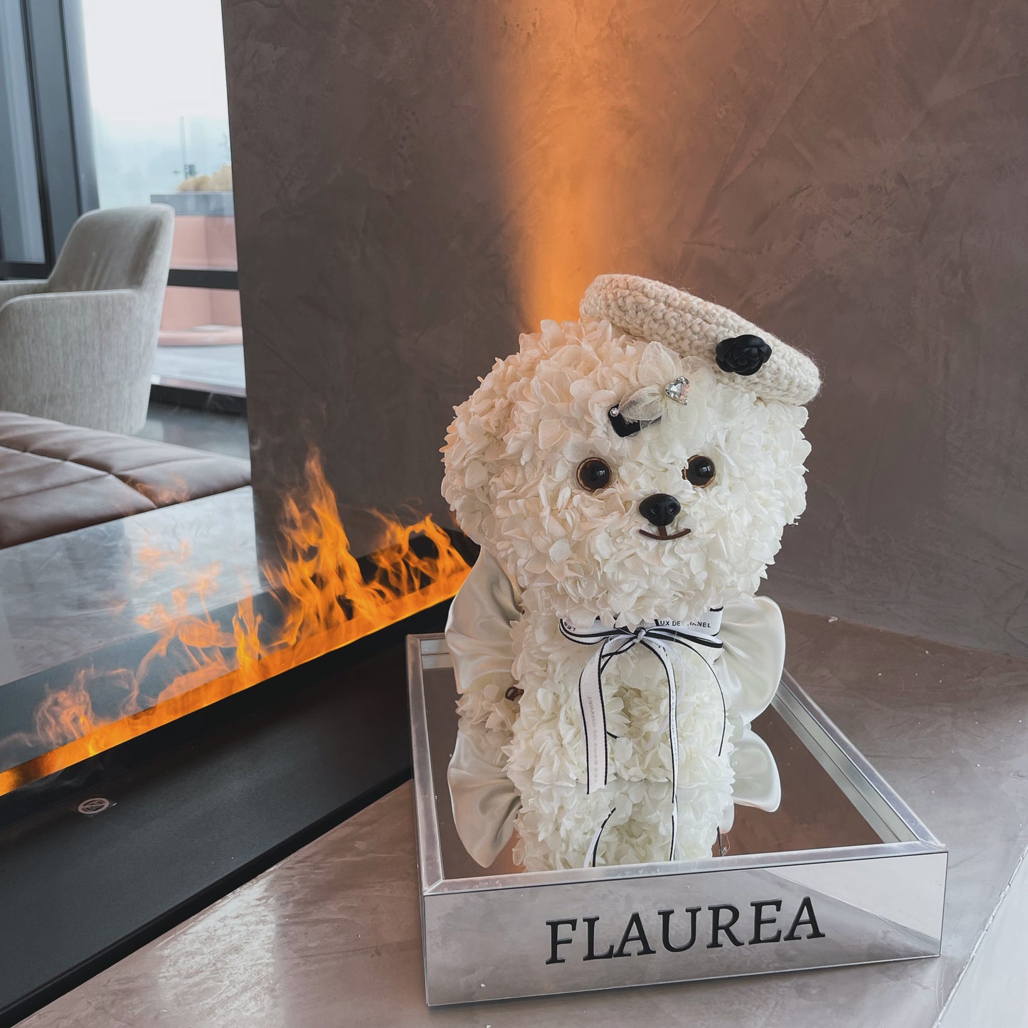 Flaurea Preserved Flower Floral Puppy - Black & White Hat